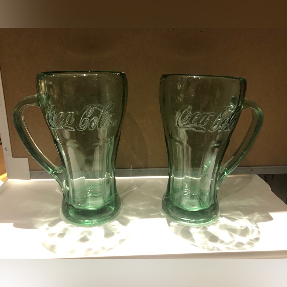 Vintage Coca-Cola Glass Mug With Handle Embossed Green - Pair